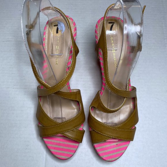 Tommy Hilfiger Women's Size 7 Pink Wedges Heels Strappy Striped Sandals Open Toe - Picture 2 of 13
